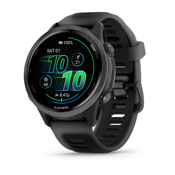Garmin Forerunner® 970, Schwarz/Carbongrau Titan DLC mit Silikon-Wechselarmband 22 mm Schwarz/Transparent Steinweiss